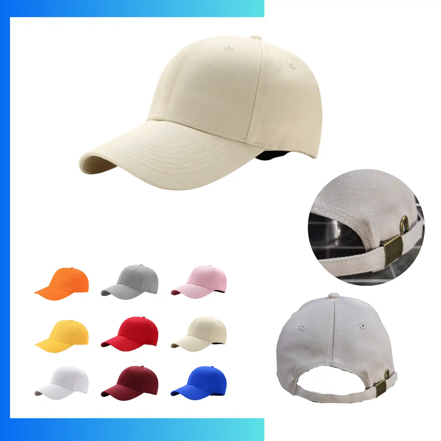 6-Panel Structured Cotton Baseball Cap – Adjustable Metal Buckle Classic Curved Visor Hat - Image 5