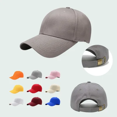 100% cotton grey baseball cap structured crown pre-curved visor adjustable metal tuck buckle closure