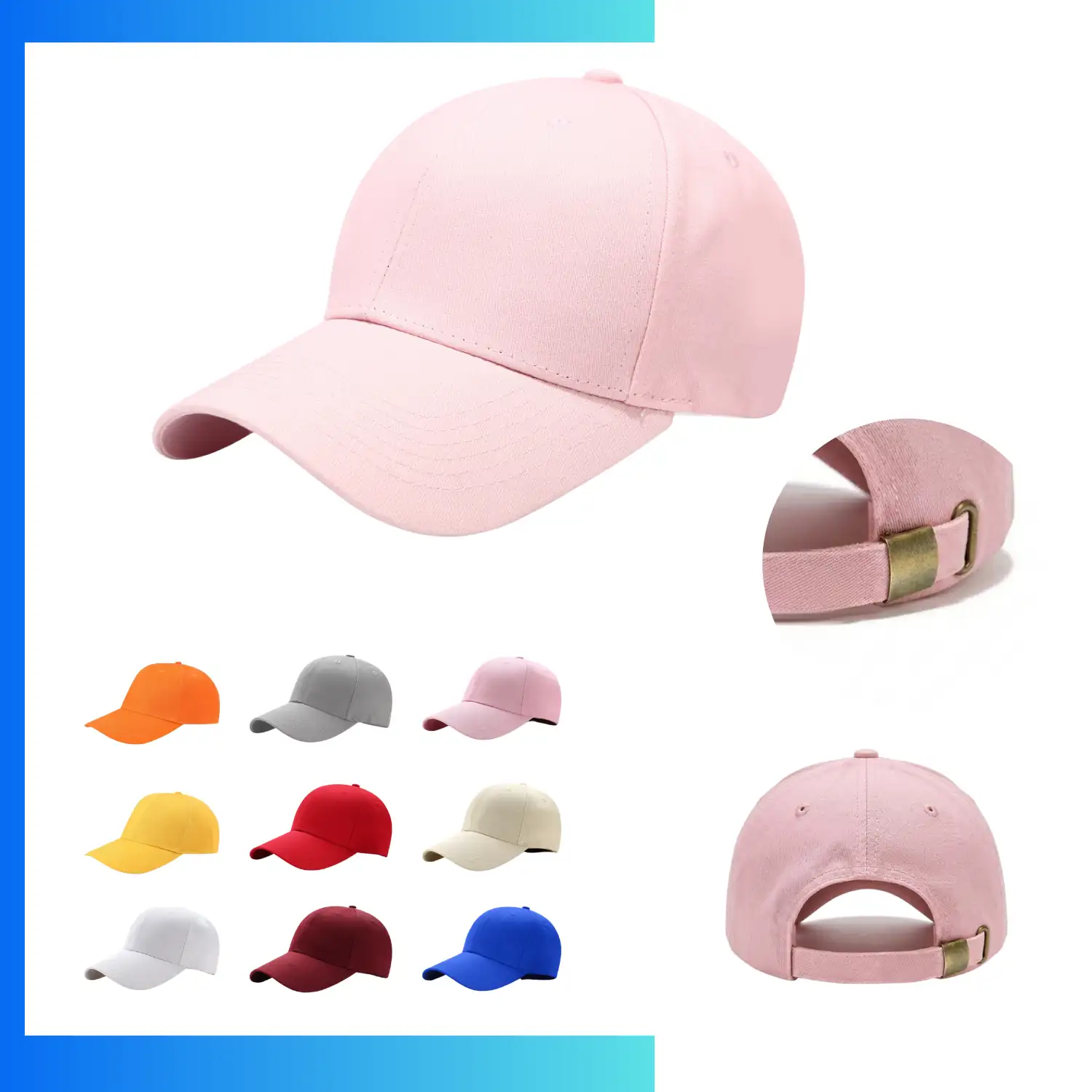 6-Panel Structured Cotton Baseball Cap – Adjustable Metal Buckle Classic Curved Visor Hat - Image 7