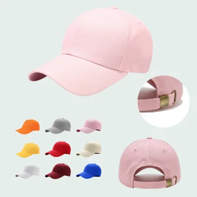 100% cotton pink baseball cap structured crown pre-curved visor adjustable metal tuck buckle closure