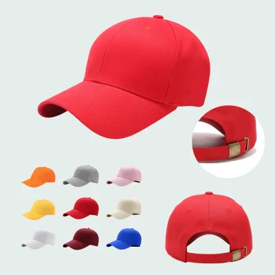 100% cotton red baseball cap structured crown pre-curved visor adjustable metal tuck buckle closure
