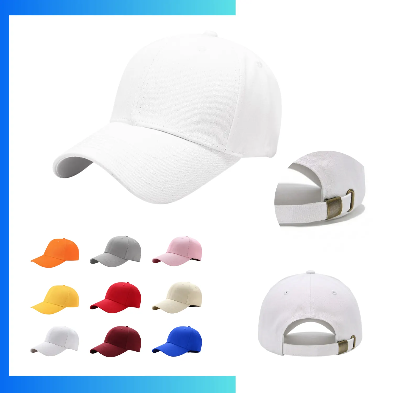 6-Panel Structured Cotton Baseball Cap – Adjustable Metal Buckle Classic Curved Visor Hat - Image 9