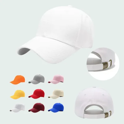 100% cotton white baseball cap structured crown pre-curved visor adjustable metal tuck buckle closure