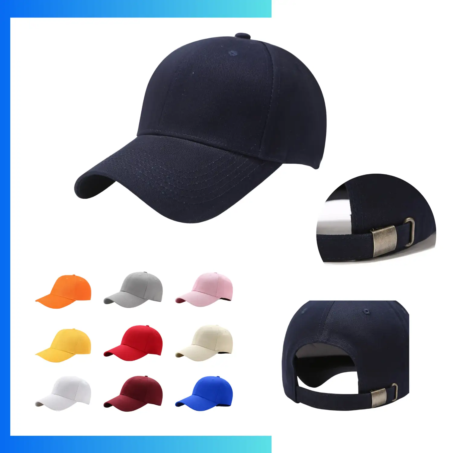 6-Panel Structured Cotton Baseball Cap – Adjustable Metal Buckle Classic Curved Visor Hat