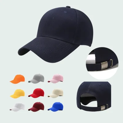 100% cotton navy baseball cap structured crown pre-curved visor adjustable metal tuck buckle closure