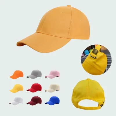 100% cotton orange baseball cap structured crown pre-curved visor adjustable metal tuck buckle closure
