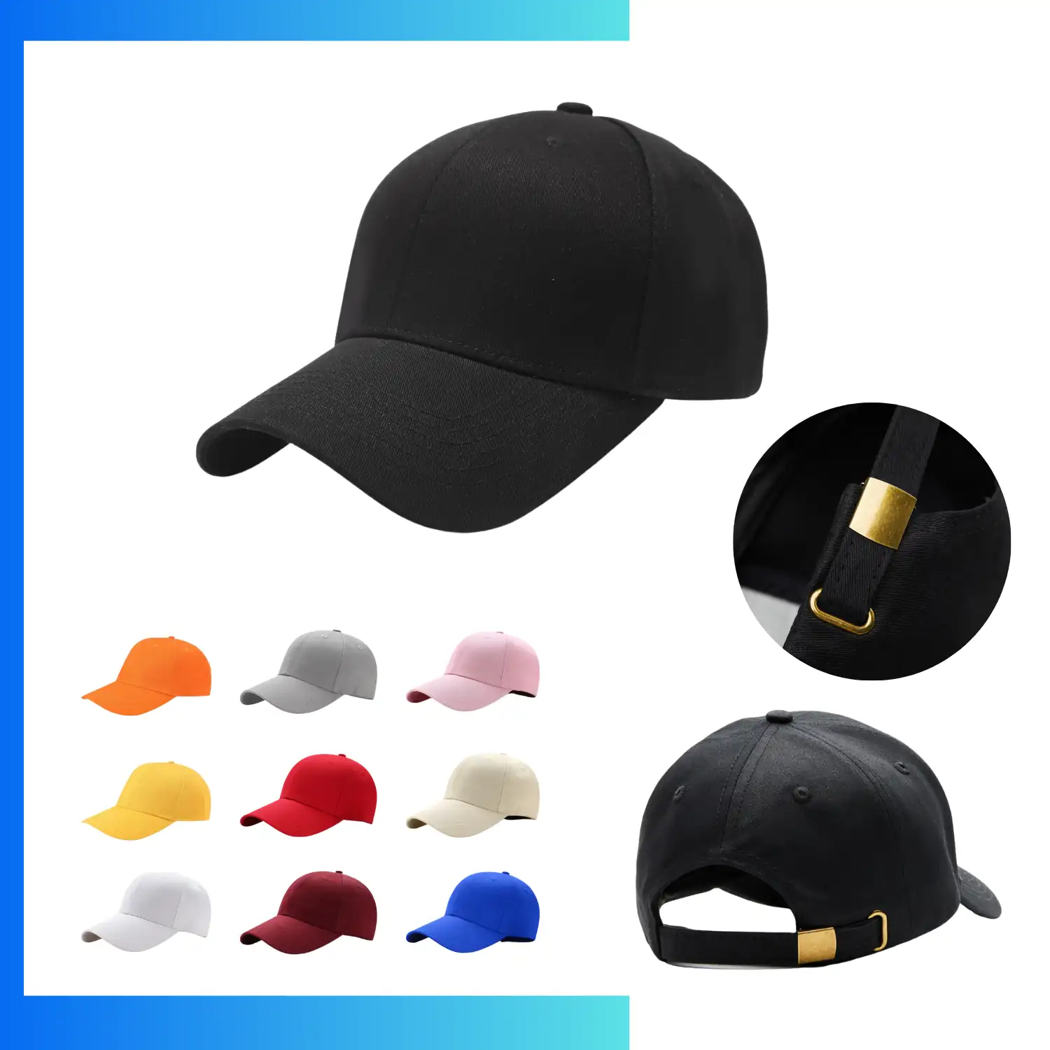 6-Panel Structured Cotton Baseball Cap – Adjustable Metal Buckle Classic Curved Visor Hat - Image 4