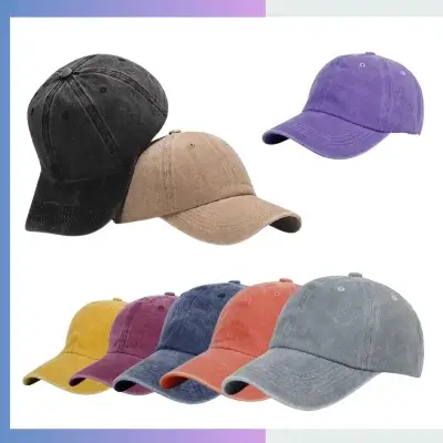 Washed vintage cotton baseball cap unstructured 6-panel relaxed crown 7cm pre-curved visor single buckle closure