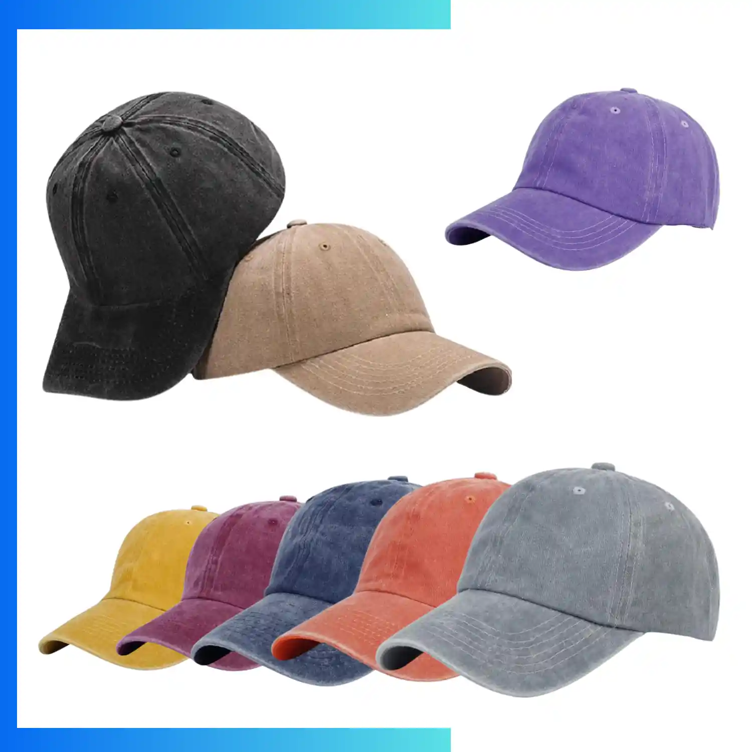 Washed Vintage 6-Panel Unstructured Baseball Cap – Pre-Washed Cotton Dad Hat with Adjustable Buckle Strap