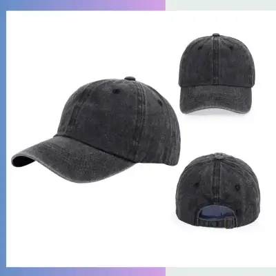 Black washed vintage cotton baseball cap unstructured 6-panel relaxed crown 7cm pre-curved visor single buckle closure