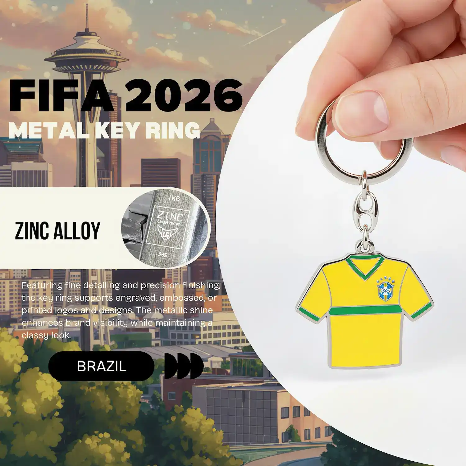 2026 FIFA World Cup Brazil jersey zinc alloy key ring, Brazil soccer team keychain for fans