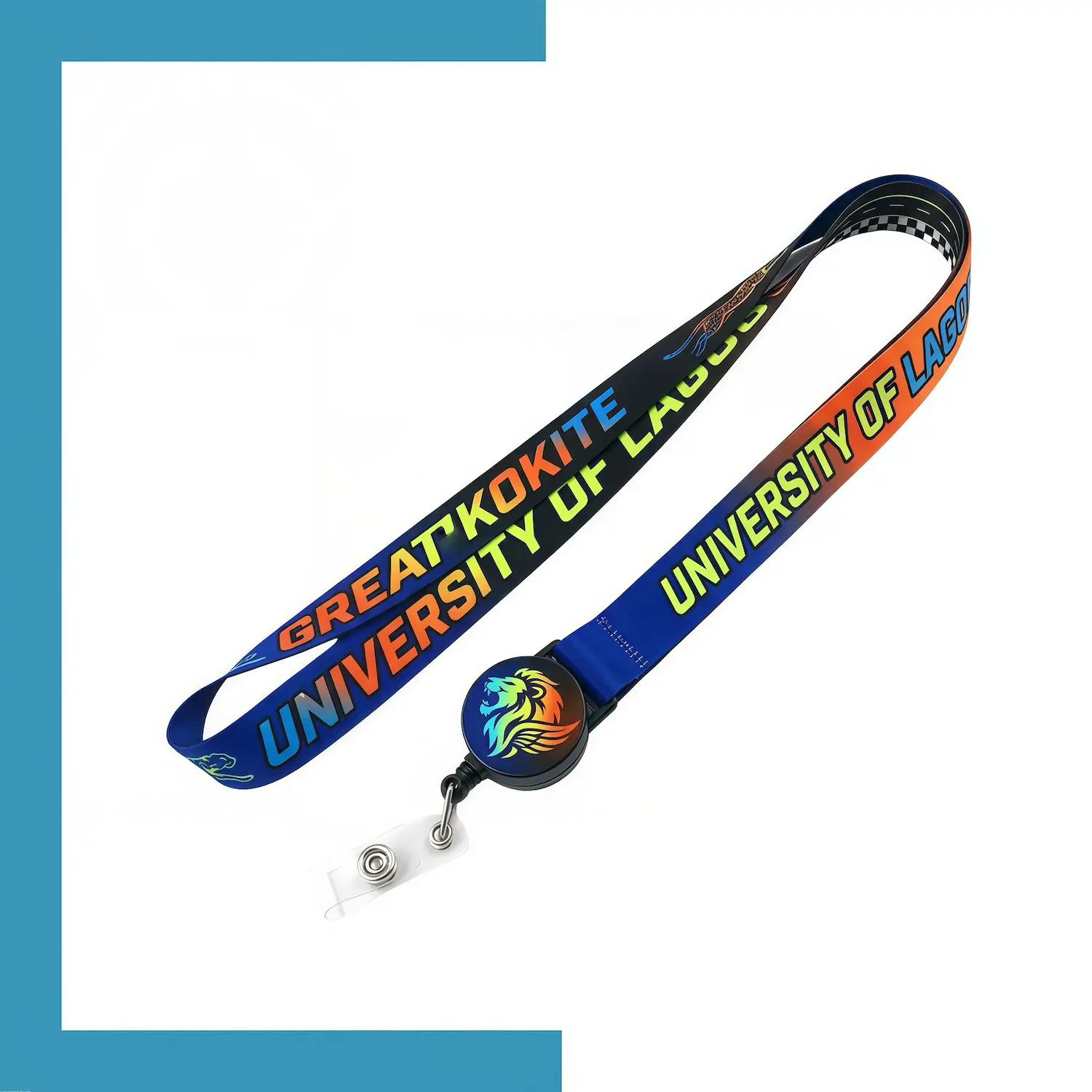 Custom dye sublimation lanyard with retractable reel combo front view - SKU NPS-ACC-LAN-220