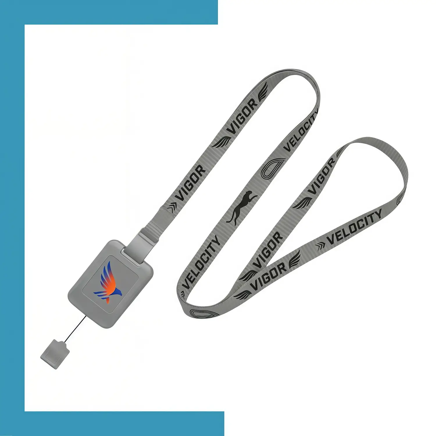 Custom polyester lanyard with new style retractable reel combo front view - SKU NPS-ACC-LAN-224
