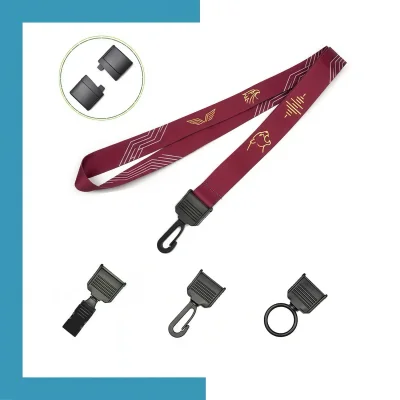 Custom full-color dye sublimation plastic buckle lanyard laid flat, showcasing vibrant edge-to-edge design and plastic buckle attachment