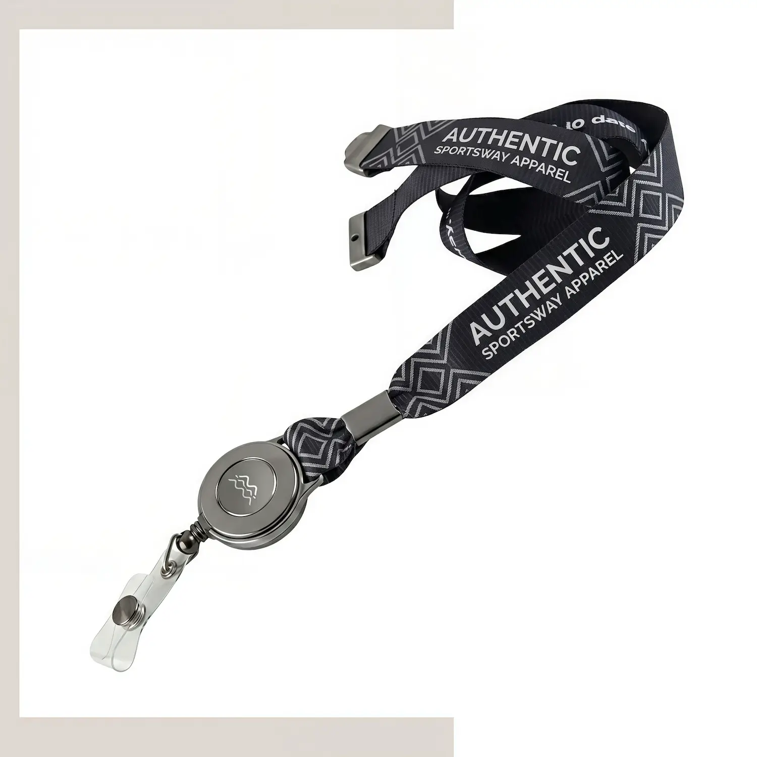 Custom screen printed 12mm lanyard and retractable badge reel combo with one-color logo and polydome