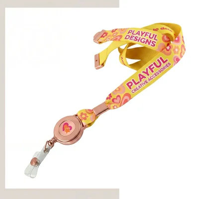 Custom 15mm screen printed lanyard and retractable badge reel combo with one-color logo and polydome
