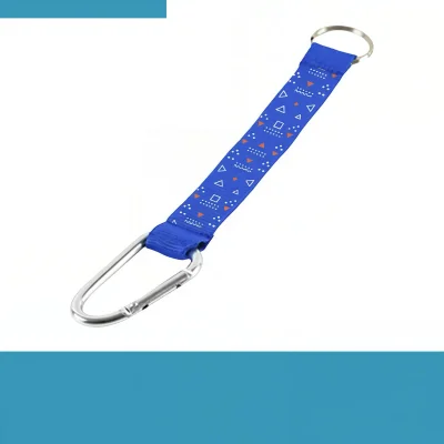 Custom screen printed polyester carabiner lanyard with key ring attachment laid flat