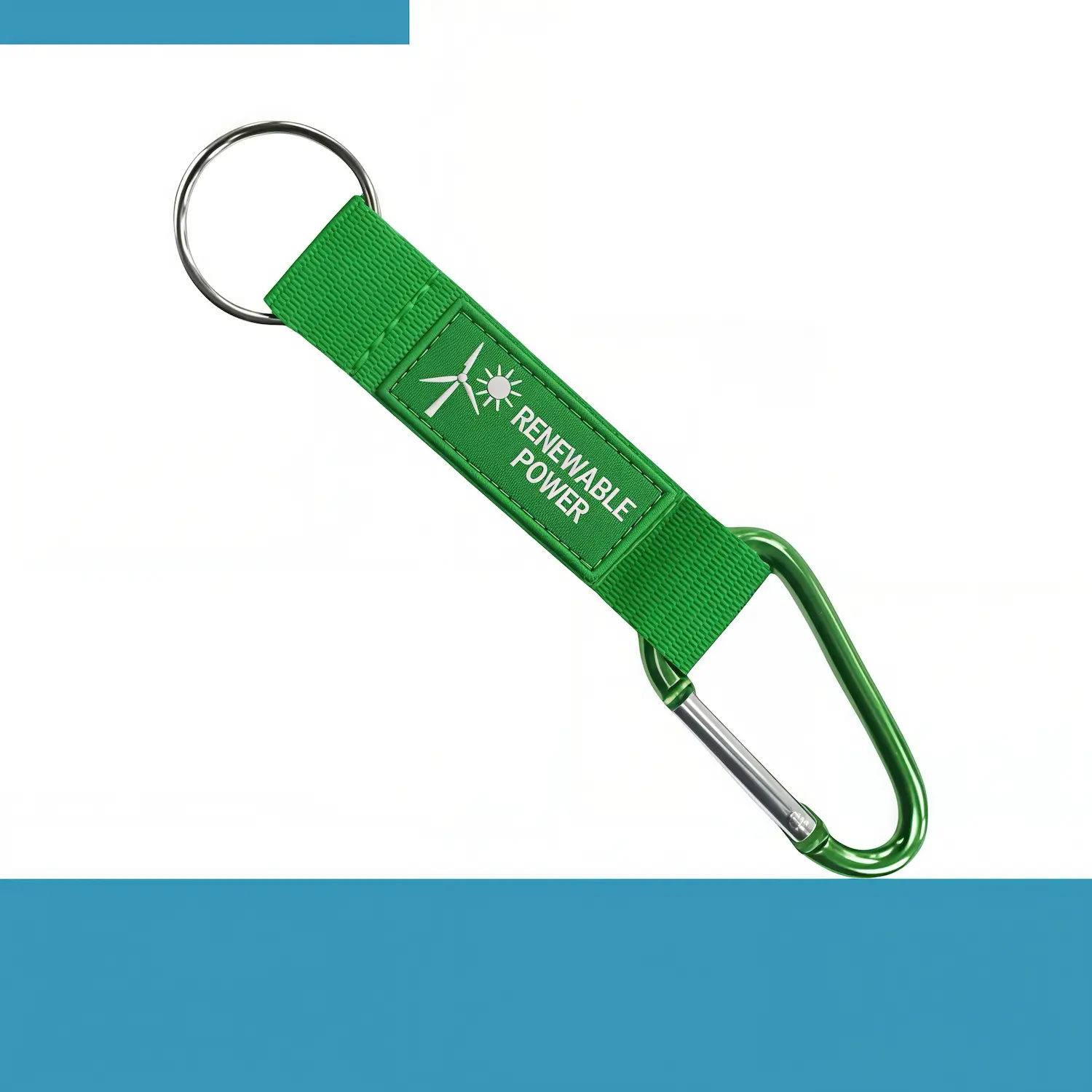 Custom woven label polyester carabiner lanyard with key ring attachment laid flat