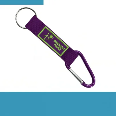Custom soft PVC 3D rubber badge on polyester carabiner lanyard with key ring laid flat