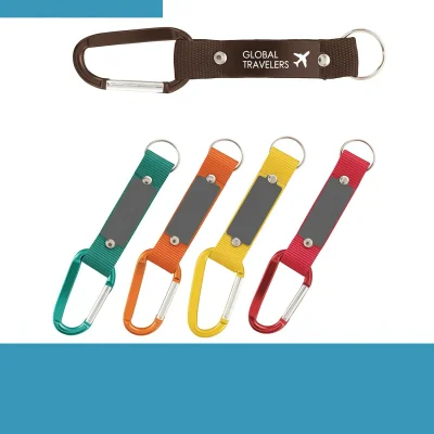 Custom aluminum metal tag on polyester carabiner lanyard with key ring laid flat.