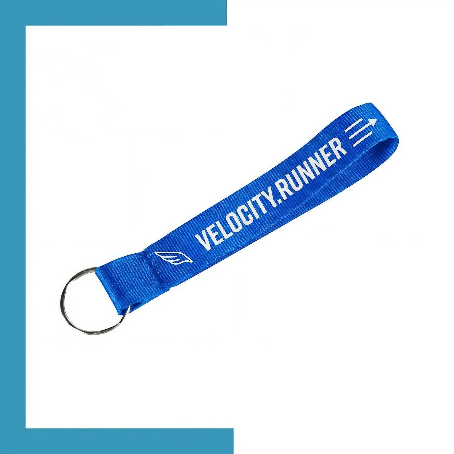 Custom screen printed polyester wrist lanyard with key ring and lobster claw laid flat