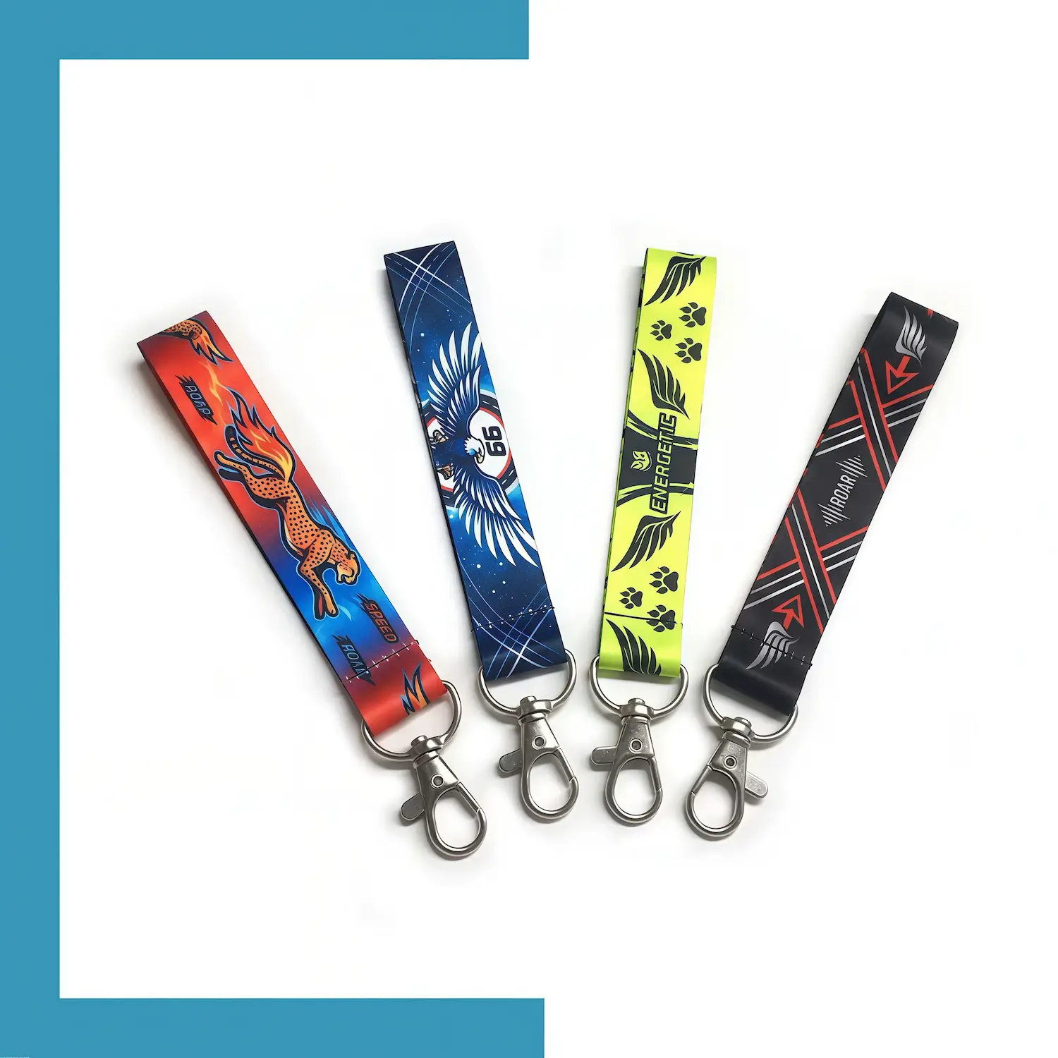 Full-color dye sublimation printed polyester wrist lanyard with edge-to-edge geometric pattern and lobster claw.