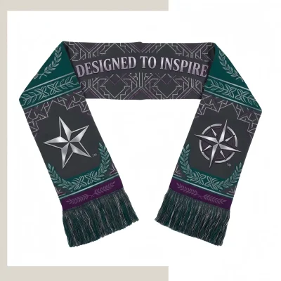 Custom reversible warm knitted scarf with tassels showing first side design on a white background