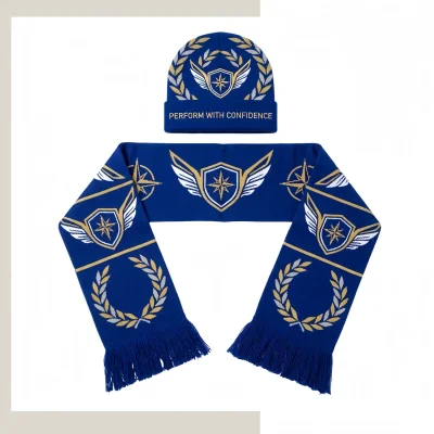 Custom coordinated reversible beanie and scarf set with matching jacquard patterns on a white background