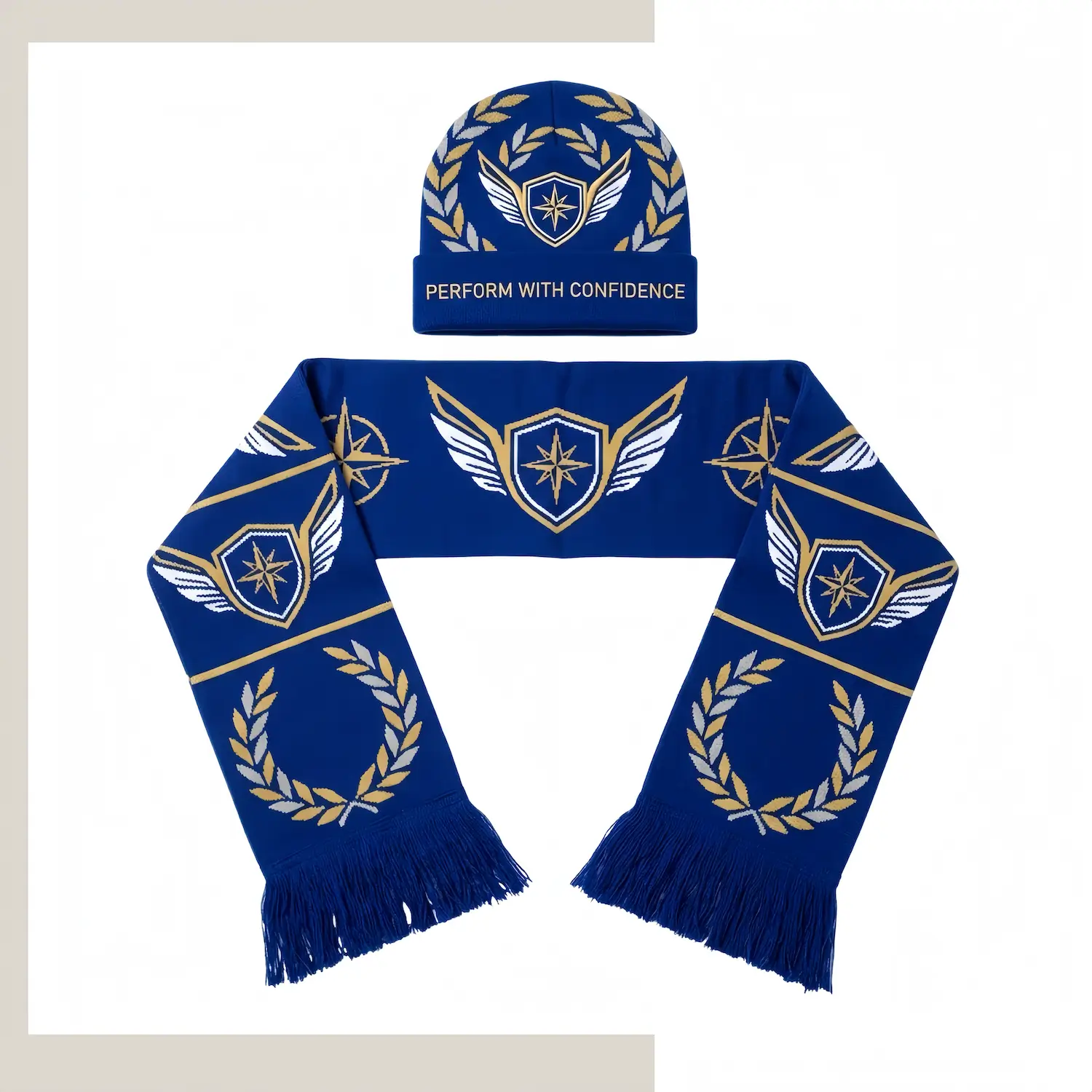 Custom coordinated reversible beanie and scarf set with matching jacquard patterns on a white background