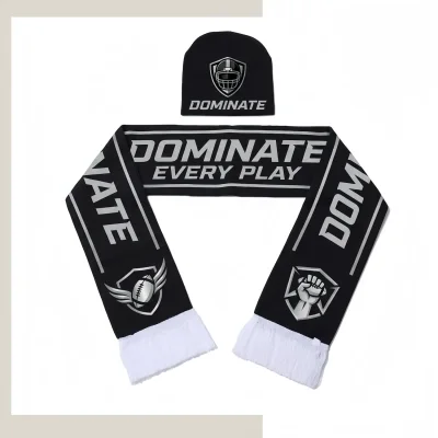 Custom coordinated reversible beanie and scarf set with matching jacquard patterns on a white background