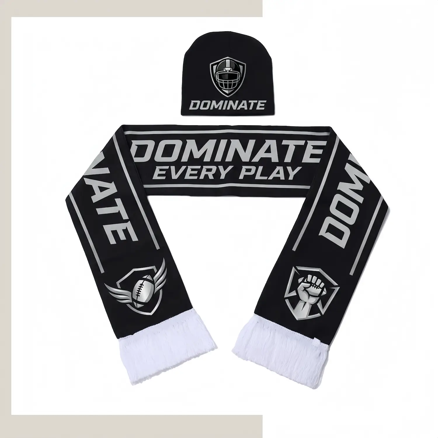 Custom coordinated reversible beanie and scarf set with matching jacquard patterns on a white background