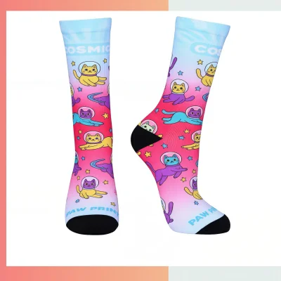 Custom chromatic toe crew socks, 360 full digital print, 96% polyester 4% spandex 176 needle socks with 9 vibrant toe color options for teams events promotional merchandise