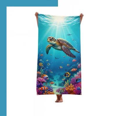 Custom traveler's microfiber terry beach towel with soft face and absorbent loops front view