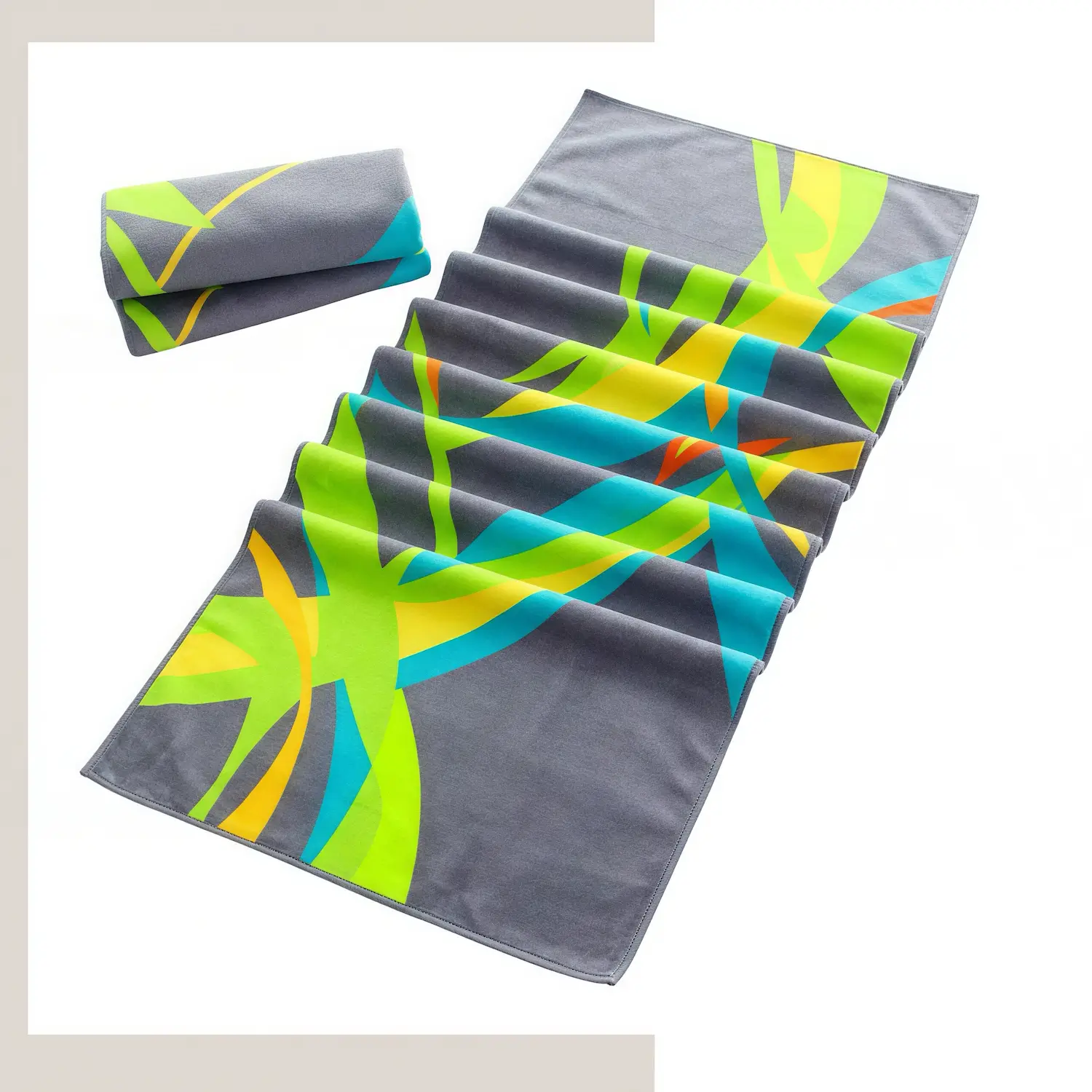 Custom dye sublimation full poly microfiber velour towel laid flat, showcasing vibrant all-over design on plush velour surface