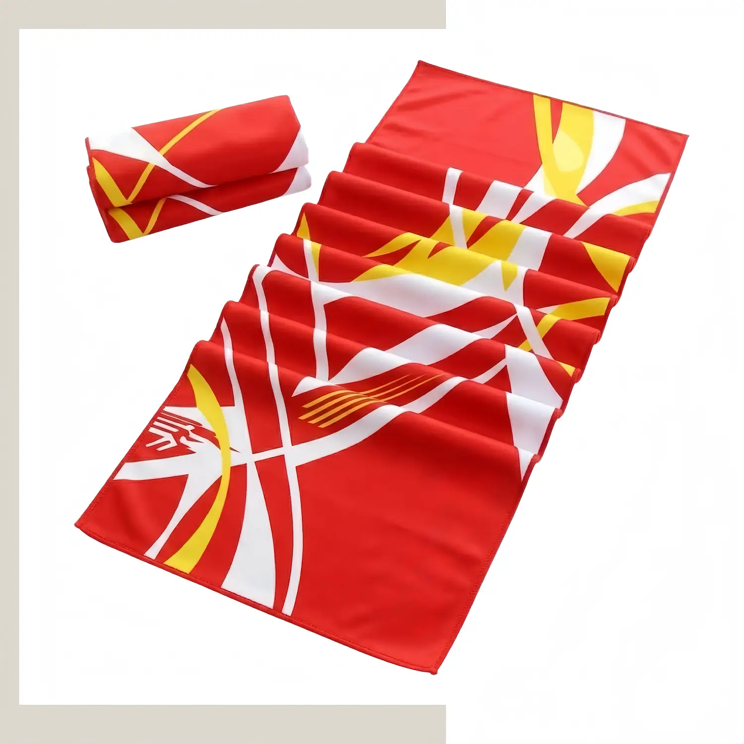 Custom screen printed CoolMax performance towel laid flat, showcasing solid color design with crisp single color logo imprint on moisture-wicking fabric