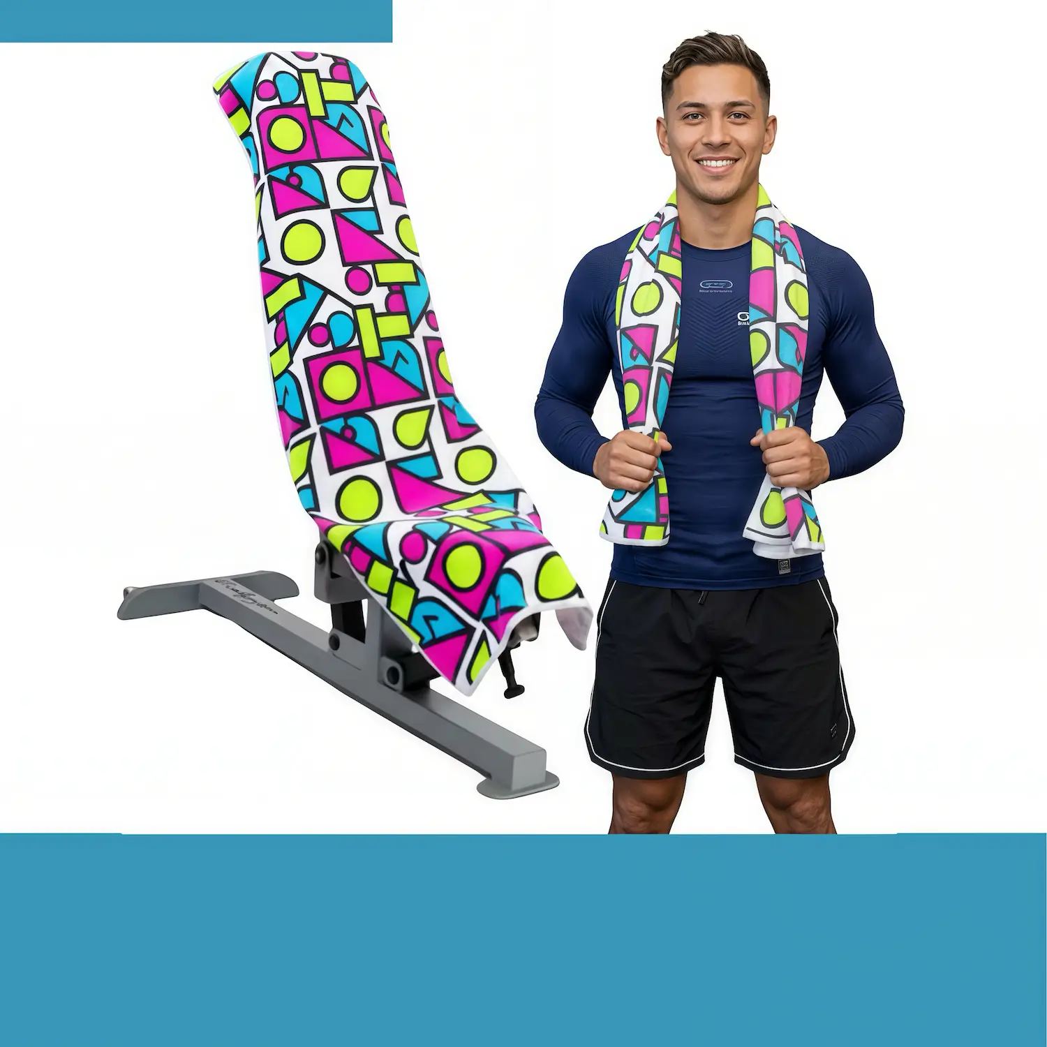 Custom Coolmax polyester gym bench towel with moisture-wicking fabric front view