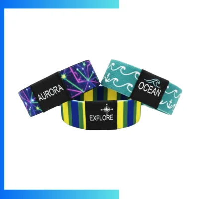 Custom 20mm Elastic Cloth Wristbands with Large Woven Label – Double-Sided Sublimation Event & Branding Wristbands