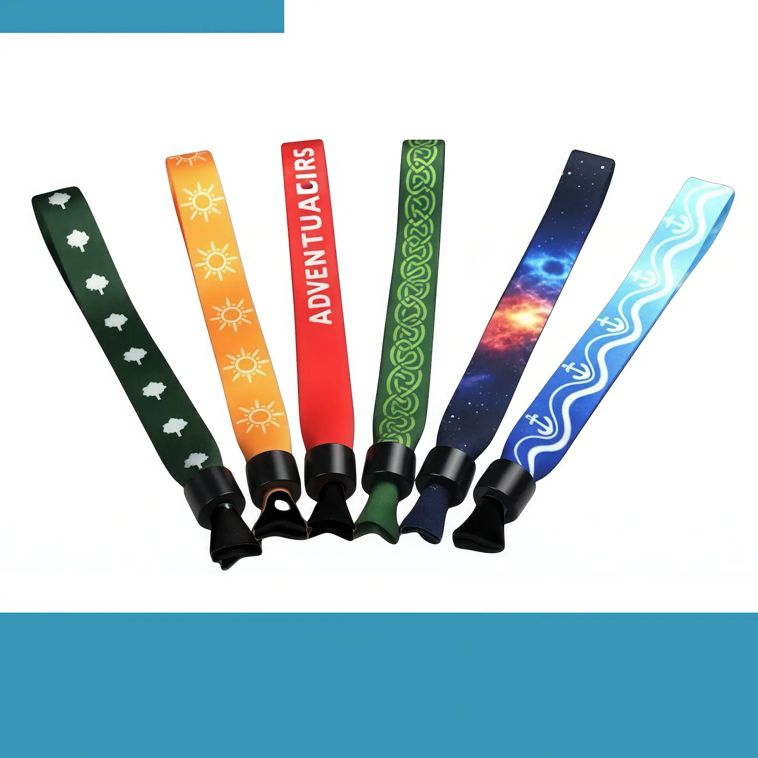 Eco friendly RPET recycled polyester wristbands, custom full color sublimation printed bands with multiple closures for sustainable events