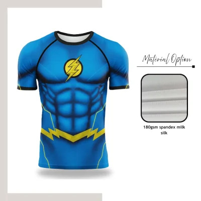 Custom full sublimation men's compression short sleeve t-shirt in pro series spandex milk silk laid flat.