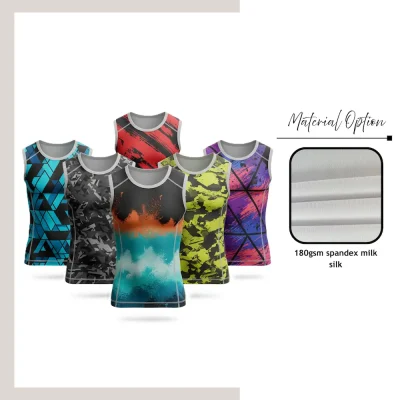 Custom full sublimation men's sleeveless compression t-shirt in pro series spandex milk silk laid flat.