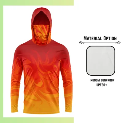 Custom full sublimation printed solarprotec UPF50+ long sleeve hooded t-shirt with integrated gaiter and mesh side panels for unisex and kids laid flat, showcasing vibrant design on complete sun protection system