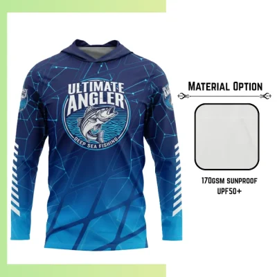 Custom full sublimation printed solarprotec UPF50+ long sleeve hooded t-shirt for unisex and kids laid flat, showcasing vibrant design on sun-protective fabric with attached hood