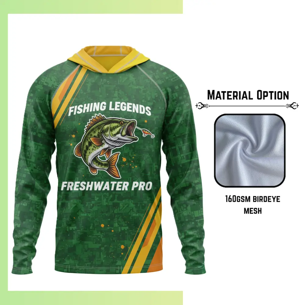 Custom full sublimation printed 160gsm birdseye mesh long sleeve hooded t-shirt for unisex and kids laid flat, showcasing vibrant design on textured breathable fabric with attached hood