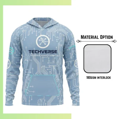 Custom full sublimation printed 180gsm interlock long sleeve hooded t-shirt for unisex and kids laid flat, showcasing vibrant design on premium fabric with attached hood