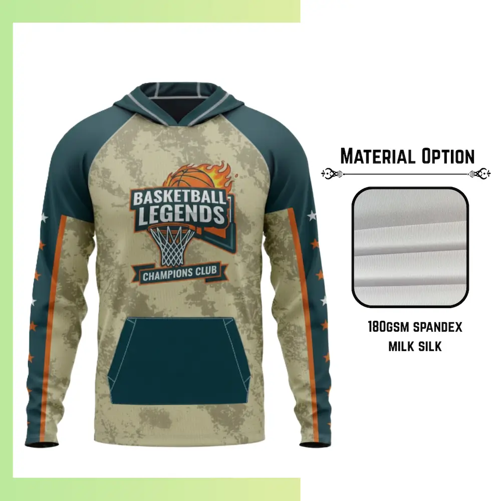 Custom full sublimation printed 180gsm spandex milk silk long sleeve hooded t-shirt with kangaroo pocket for unisex and kids laid flat, showcasing vibrant design on luxurious fabric with attached hood and front pocket.