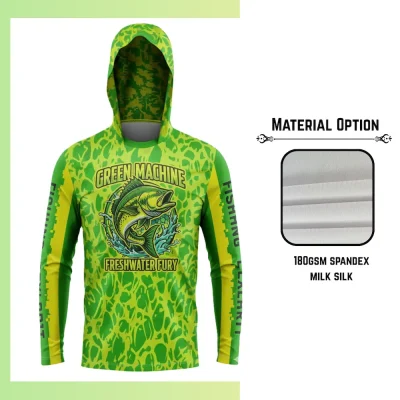 Custom full sublimation printed 180gsm spandex milk silk long sleeve hooded t-shirt for unisex and kids laid flat, showcasing vibrant design on silky stretch fabric with attached hood