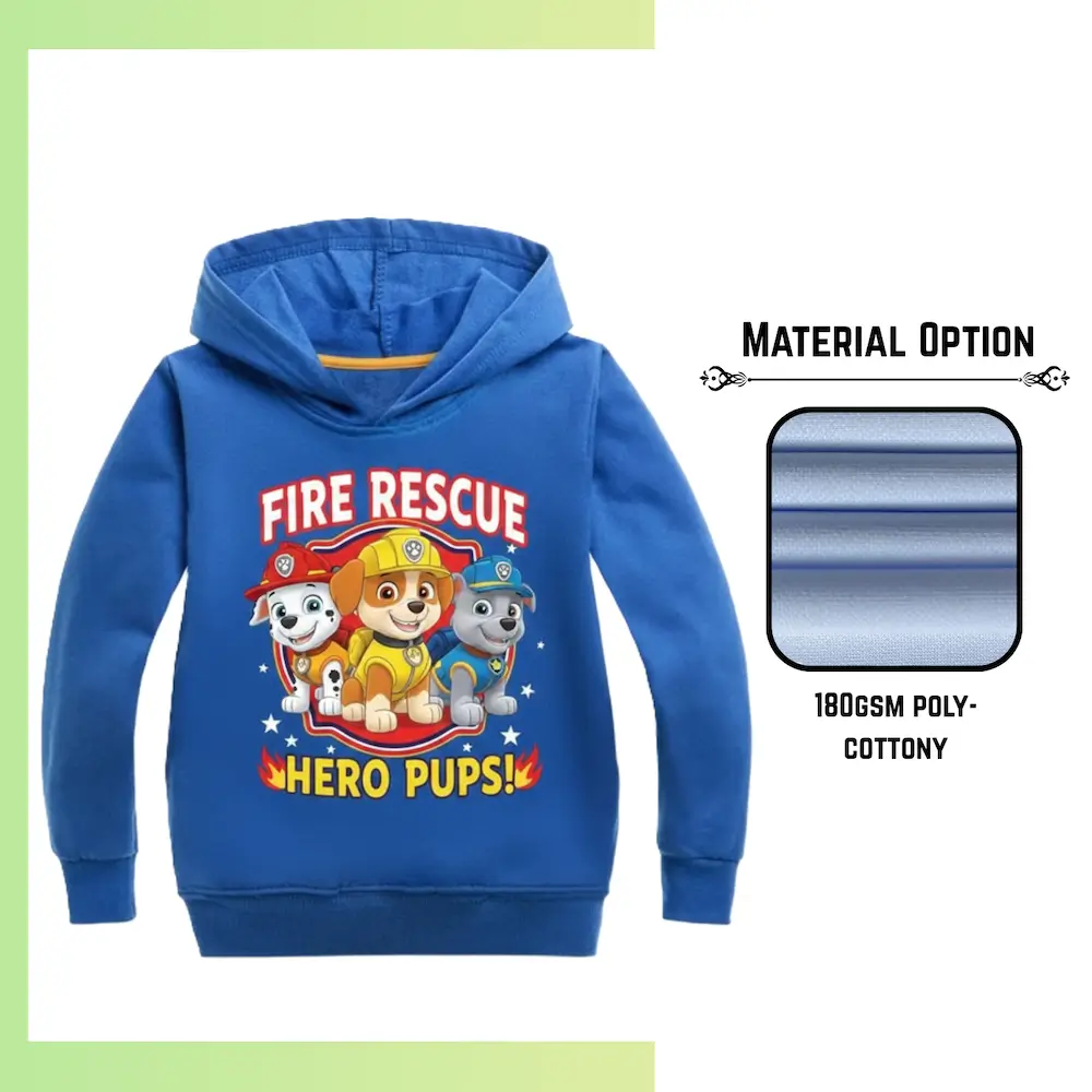 Custom full sublimation printed 180gsm cotton-feel long sleeve hooded t-shirt for unisex and kids laid flat, showcasing vibrant design on soft stretch fabric with attached hood