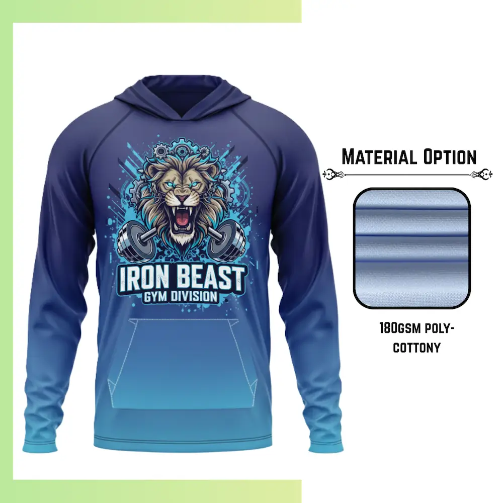 Custom full sublimation printed 180gsm cotton-feel long sleeve hooded t-shirt with kangaroo pocket for unisex and kids laid flat, showcasing vibrant design on soft stretch fabric with attached hood and front pocket