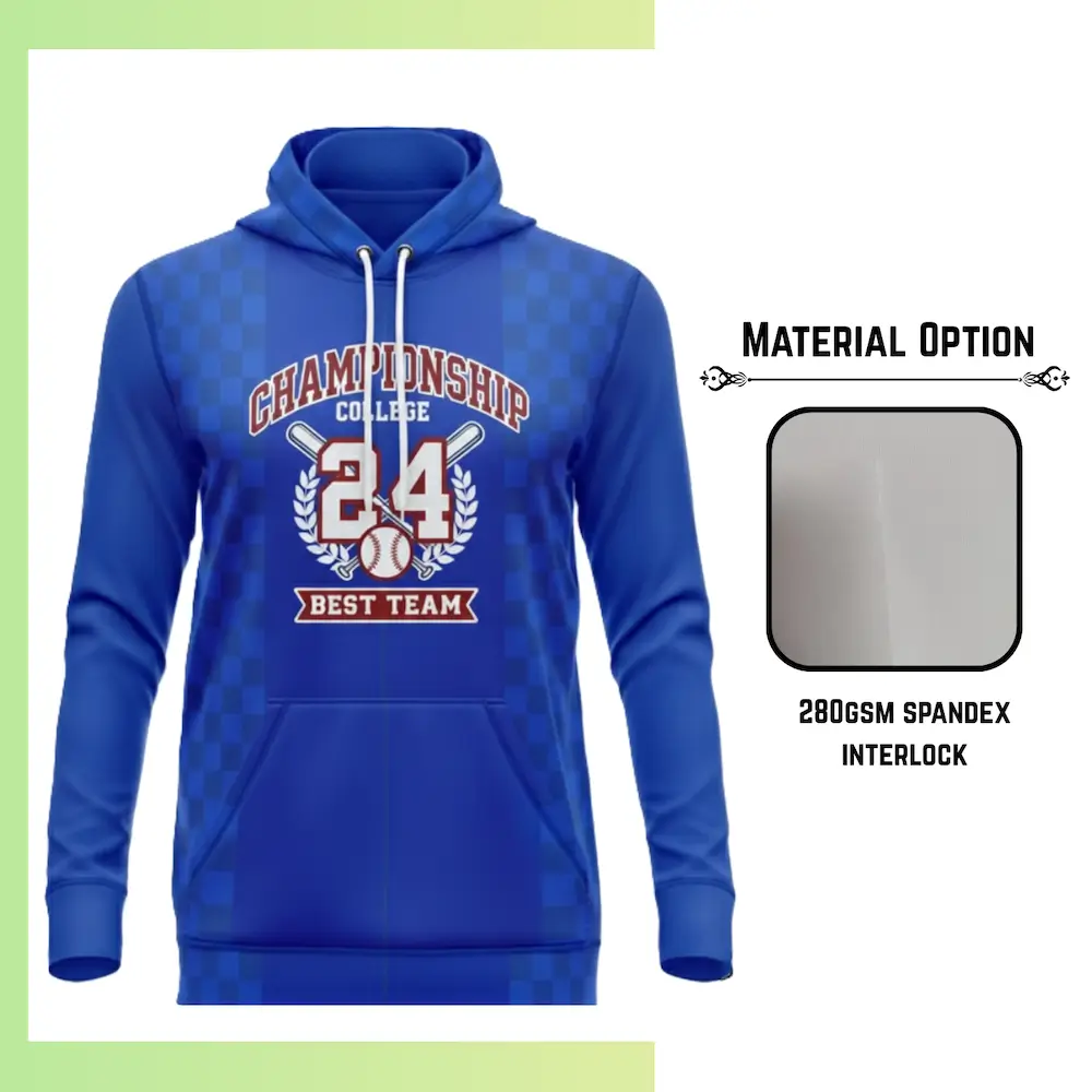 Custom full sublimation printed 280gsm heavyweight hoodie with kangaroo pocket for men, women and kids laid flat, showcasing vibrant design on premium stretch fabric with attached hood and spacious front pocket