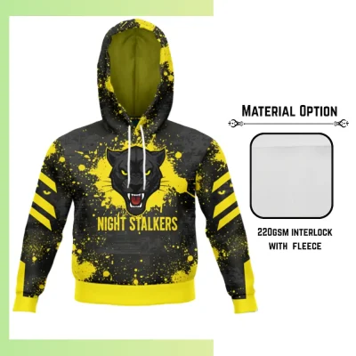 Custom full sublimation printed 220gsm ultra light hoodie with kangaroo pocket for unisex and kids laid flat, showcasing vibrant design on fleece-lined fabric with attached hood, drawcords, and front pocket